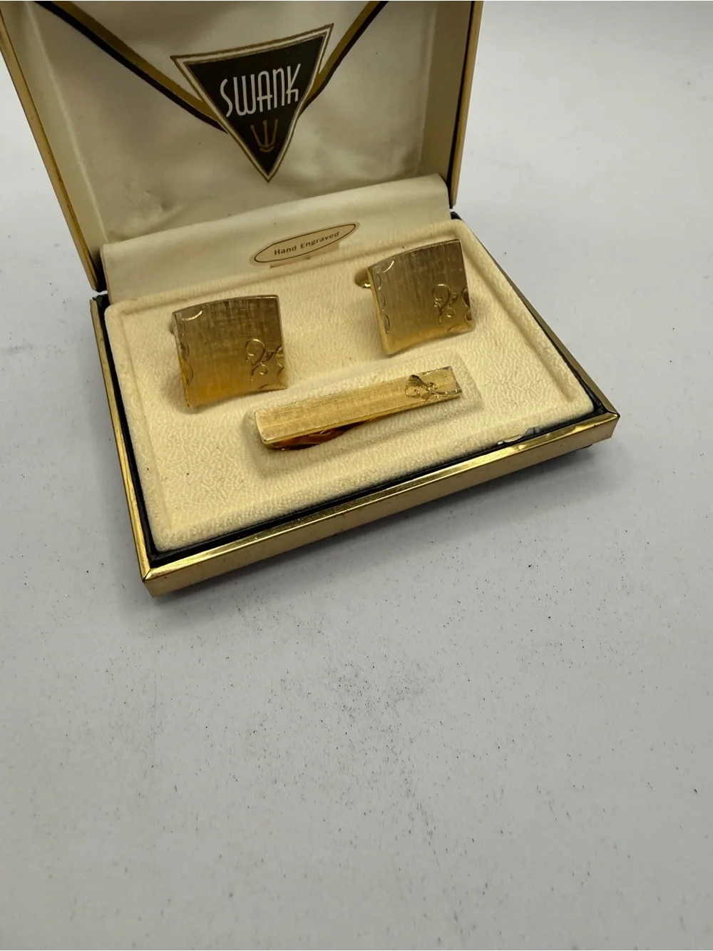 SWANK Gold-Tone Hand Engraved Cufflinks and Tie Clip Set with Subtle Texture